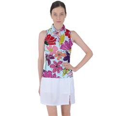 Flower Pattern Women s Sleeveless Polo Tee