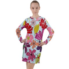 Flower Pattern Long Sleeve Hoodie Dress