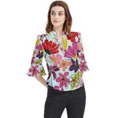 Flower Pattern Loose Horn Sleeve Chiffon Blouse