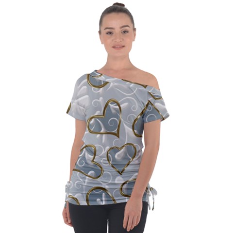  Gold Hearts Off Shoulder Tie-up Tee by Galinka