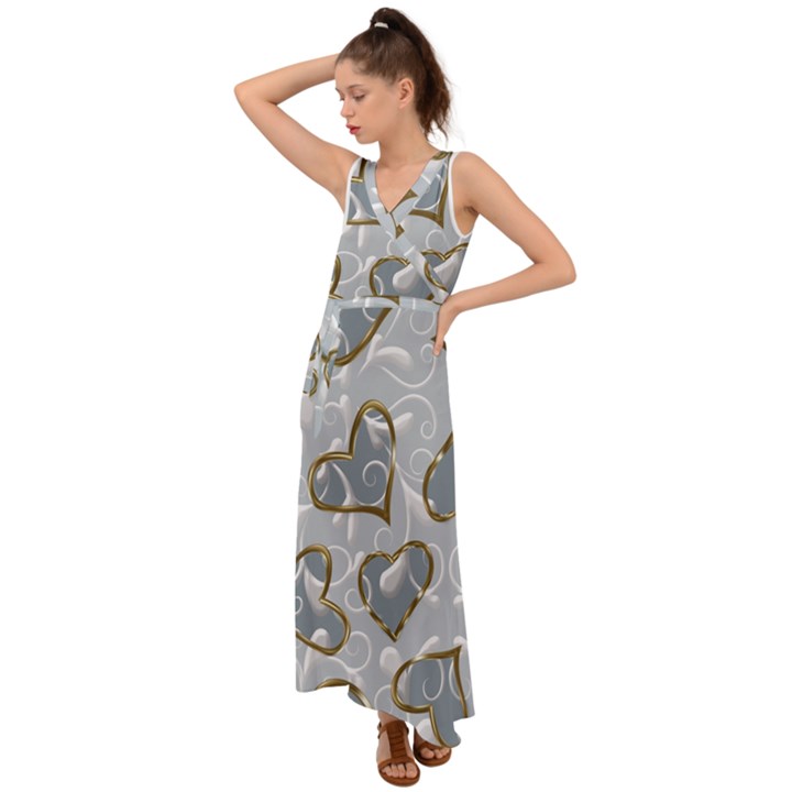  Gold hearts V-Neck Chiffon Maxi Dress