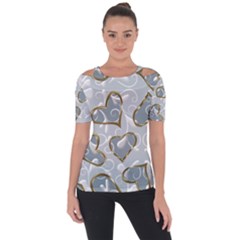   Gold Hearts On A Blue Background Shoulder Cut Out Short Sleeve Top by Galinka