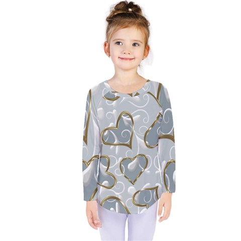   Gold Hearts On A Blue Background Kids  Long Sleeve Tee by Galinka