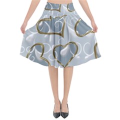   Gold Hearts On A Blue Background Flared Midi Skirt by Galinka