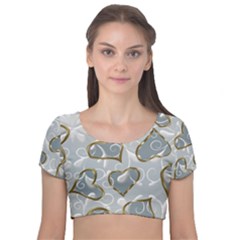   Gold Hearts On A Blue Background Velvet Short Sleeve Crop Top  by Galinka