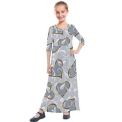   Gold Hearts On A Blue Background Kids  Quarter Sleeve Maxi Dress by Galinka