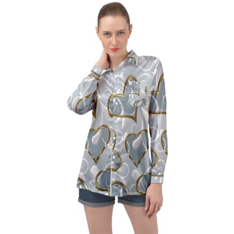   Gold Hearts On A Blue Background Long Sleeve Satin Shirt by Galinka