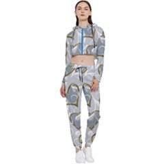   Gold Hearts On A Blue Background Cropped Zip Up Lounge Set