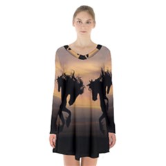 Evening Horses Long Sleeve Velvet V-neck Dress