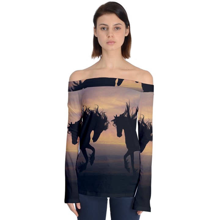 Evening Horses Off Shoulder Long Sleeve Top