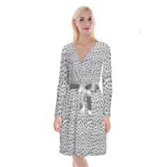 Silver Abstract Print Design Long Sleeve Velvet Front Wrap Dress