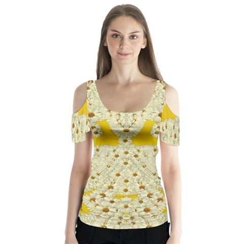 Sunshine Colors On Flowers In Peace Butterfly Sleeve Cutout Tee  by pepitasart