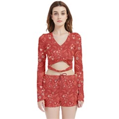 Folk Floral Pattern  Flowers Abstract Surface Design  Seamless Pattern Velvet Wrap Crop Top And Shorts Set by Eskimos