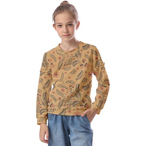 Folk Floral Pattern  Flowers Abstract Surface Design  Seamless Pattern Kids  Long Sleeve Tee With Frill  by Eskimos