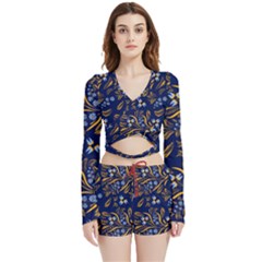 Folk Floral Pattern  Flowers Abstract Surface Design  Seamless Pattern Velvet Wrap Crop Top And Shorts Set by Eskimos