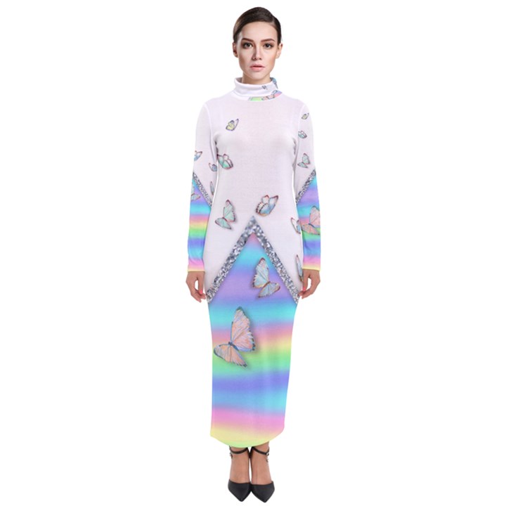 Minimal Holographic Butterflies Turtleneck Maxi Dress