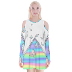 Minimal Holographic Butterflies Velvet Long Sleeve Shoulder Cutout Dress