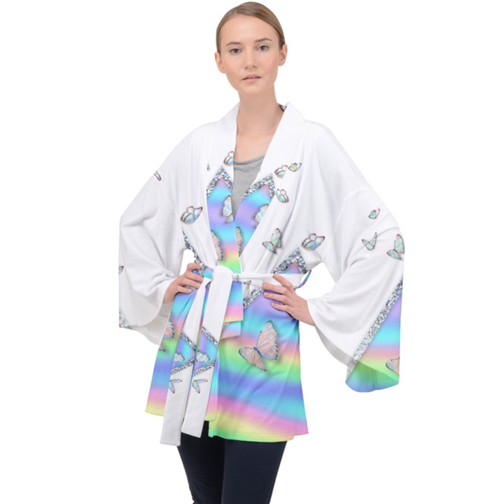 Minimal Holographic Butterflies Long Sleeve Velvet Kimono 