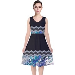 Blue Ocean Minimal Liquid Painting V-neck Midi Sleeveless Dress  by gloriasanchez