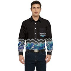 Blue Ocean Minimal Liquid Painting Men s Long Sleeve Pocket Shirt 