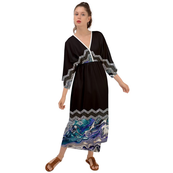 Blue Ocean Minimal Liquid Painting Grecian Style  Maxi Dress