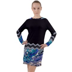 Blue Ocean Minimal Liquid Painting Long Sleeve Hoodie Dress