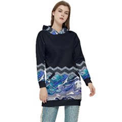 Blue Ocean Minimal Liquid Painting Women s Long Oversized Pullover Hoodie