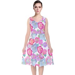 Bright, Joyful Flowers V-neck Midi Sleeveless Dress  by SychEva