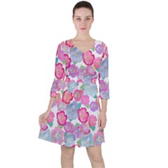 Bright, Joyful Flowers Quarter Sleeve Ruffle Waist Dress by SychEva