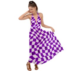 Purple Checkered Backless Maxi Beach Dress