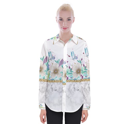 Minimal Gold Floral Marble Womens Long Sleeve Shirt by gloriasanchez