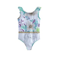 Minimal Gold Floral Marble Kids  Frill Swimsuit by gloriasanchez