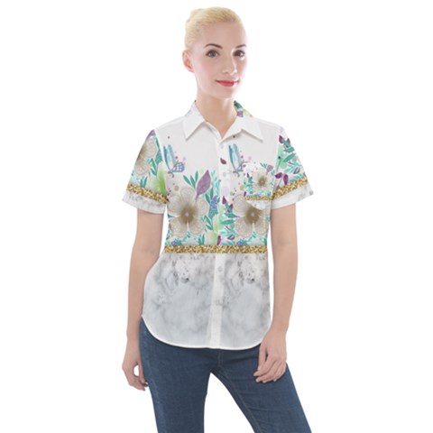 Minimal Gold Floral Marble Women s Short Sleeve Pocket Shirt by gloriasanchez