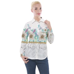 Minimal Gold Floral Marble Women s Long Sleeve Pocket Shirt