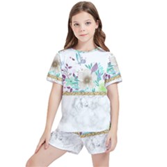 Minimal Gold Floral Marble Kids  Tee And Sports Shorts Set