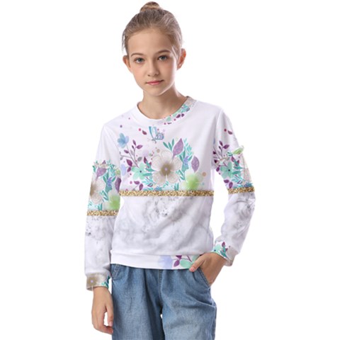 Minimal Gold Floral Marble Kids  Long Sleeve Tee With Frill  by gloriasanchez