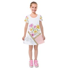 Minimal Peach Gold Floral Marble A Kids  Short Sleeve Velvet Dress