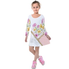 Minimal Peach Gold Floral Marble A Kids  Long Sleeve Velvet Dress