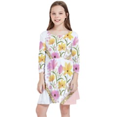 Minimal Peach Gold Floral Marble A Kids  Quarter Sleeve Skater Dress