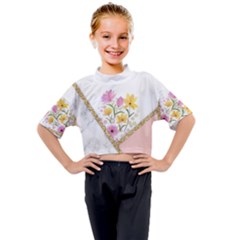 Minimal Peach Gold Floral Marble A Kids Mock Neck Tee