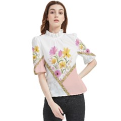 Minimal Peach Gold Floral Marble A Frill Neck Blouse