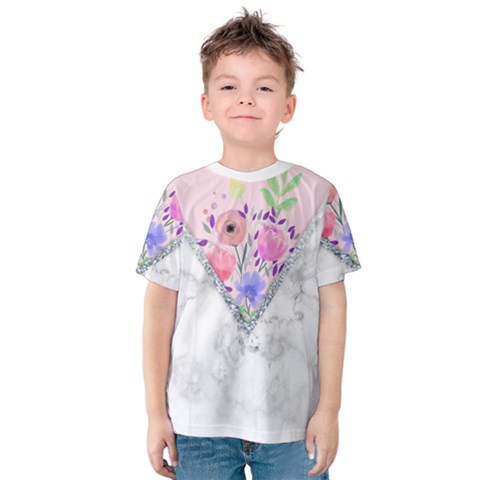 Minimal Pink Floral Marble A Kids  Cotton Tee by gloriasanchez