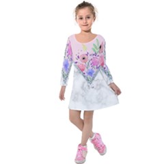 Minimal Pink Floral Marble A Kids  Long Sleeve Velvet Dress