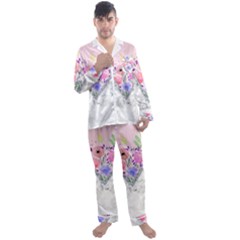 Minimal Pink Floral Marble A Men s Long Sleeve Satin Pajamas Set by gloriasanchez