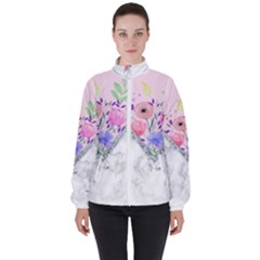 Minimal Pink Floral Marble A Women s High Neck Windbreaker