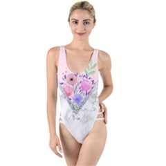 Minimal Pink Floral Marble A High Leg Strappy Swimsuit by gloriasanchez