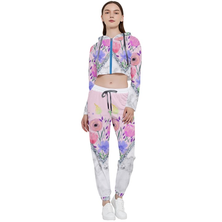 Minimal Pink Floral Marble A Cropped Zip Up Lounge Set