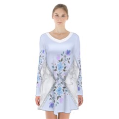 Minimal Silver Blue Marble Bouquet A Long Sleeve Velvet V-neck Dress