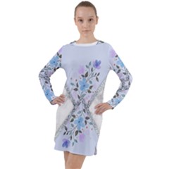 Minimal Silver Blue Marble Bouquet A Long Sleeve Hoodie Dress