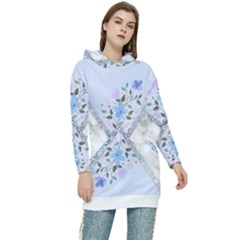 Minimal Silver Blue Marble Bouquet A Women s Long Oversized Pullover Hoodie